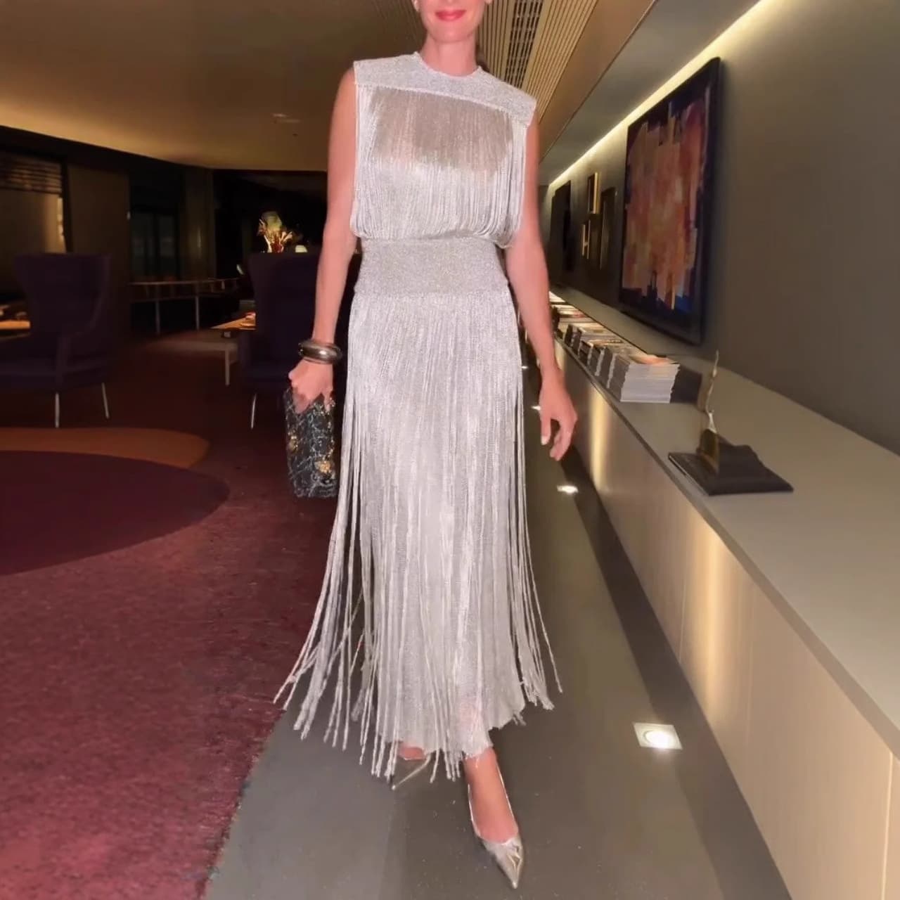 ​​Elegant Fringe Party Dress Set, Sleeveless Sequin Two-Piece Outfit For Women (Silver/Black/Red/Pink/Blue/Green/Gray, XS-3XL)​​