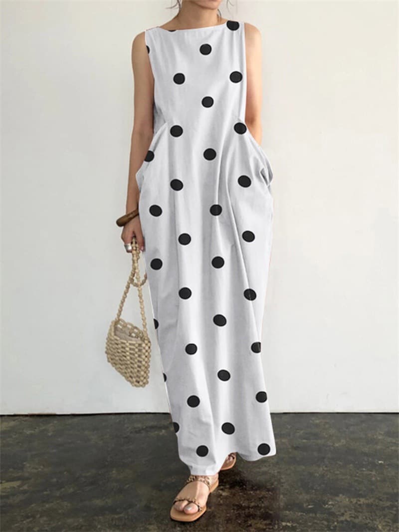 Women's New Women's Long Skirt Polka Dot Print Pocket Loose Casual Round Neck Dress