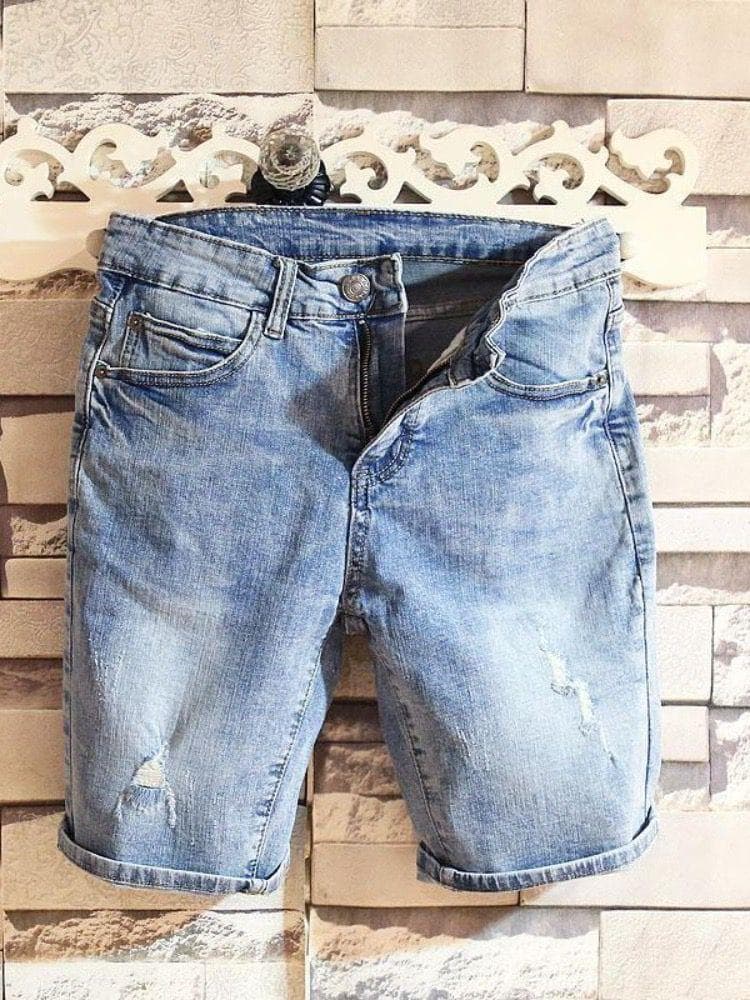 Men's Clothing Leg Elastic Summer New Blue Ripped Men's Versatile Simple Five Point Jeans