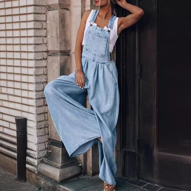 Women's Clothing Loose Side Pocket Sleeveless Denim Overalls