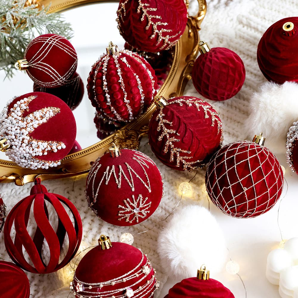 Christmas tree decorative ball Christmas painted ball flocking dark red Christmas ball Pearl DIY hanging decoration scene layout