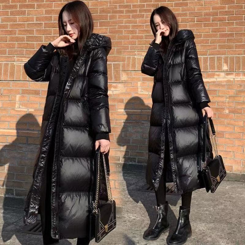 Women's Shiny Black Down Cotton Coat, Long Knee-length Thickened Loose Cotton Coat
