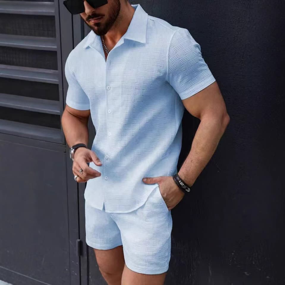 Men's Clothing fashion new men's short sleeved shirt shorts sports leisure beach two piece suit
