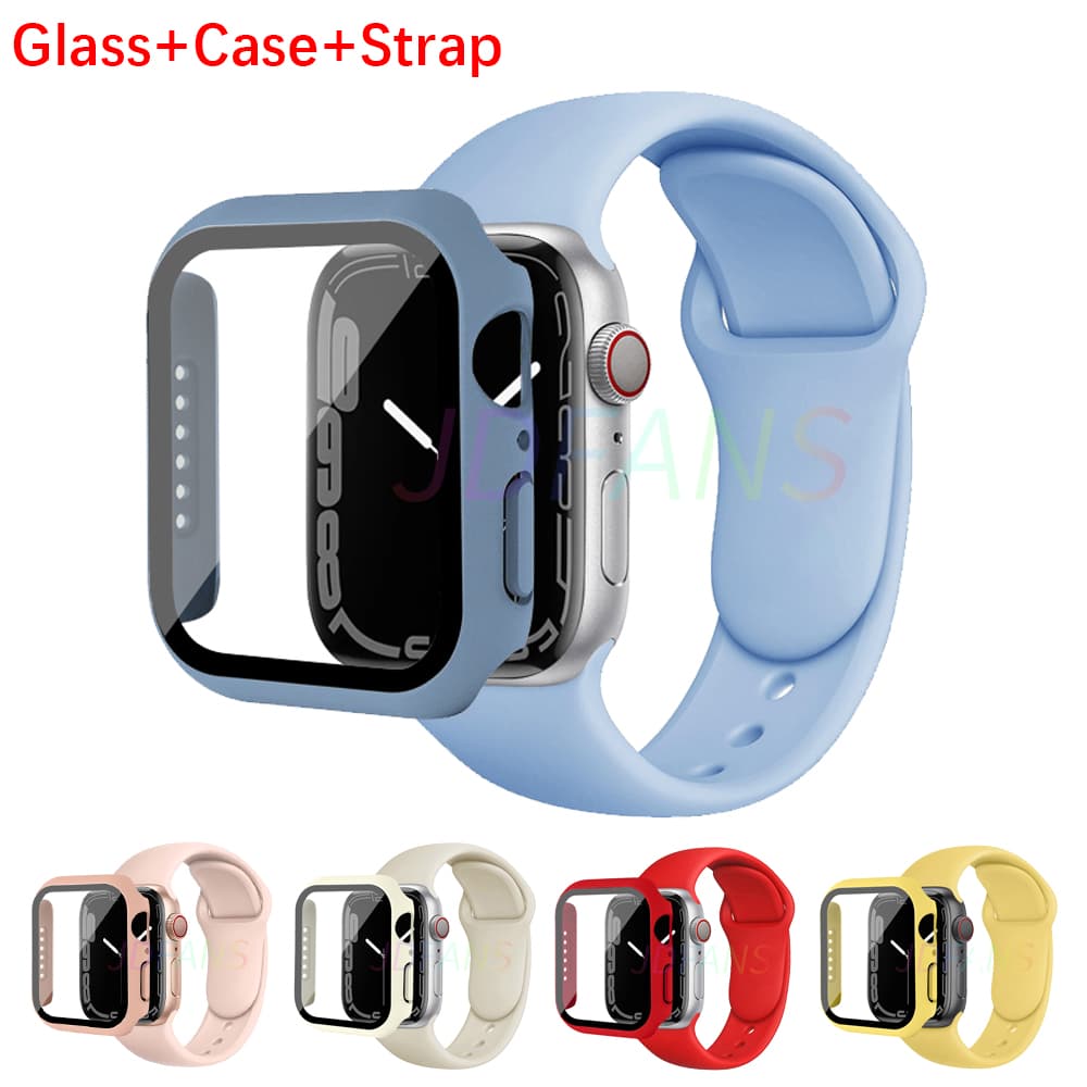 Glass+Case+Strap For Watch band 44mm 40mm 45mm 41mm 38mm 42mm 44 mm Silicone watchband bracelet iWatch serie 3 4 5 6 se 7