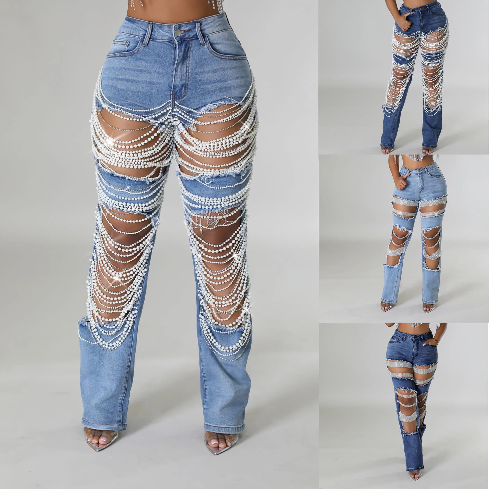 ​​Women's Pearl Embellished Ripped Jeans - Stretch Wide Leg Denim Pants, Vintage Washed Loose Fit For Streetwear & Casual​​