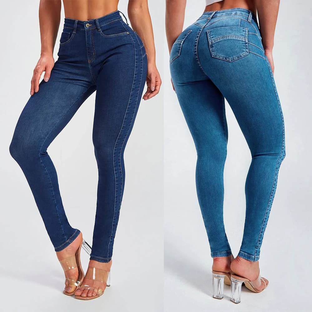 Women's High Waist Stretch Skinny Jeans - Comfortable Slim Fit Denim Pants For Casual & Street Style (Light Blue, Dark Blue)