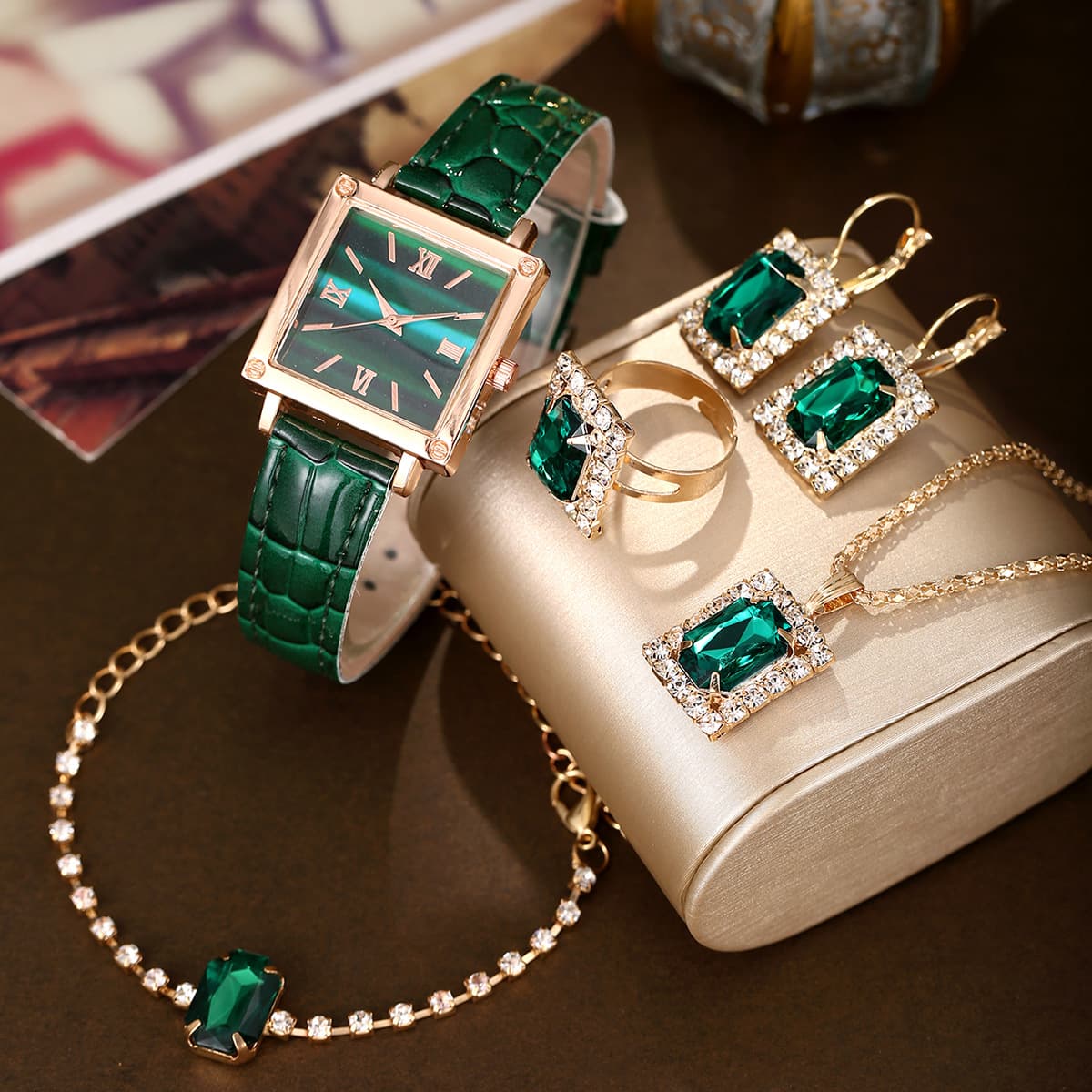 Women's Watch And Jewelry Set Fashion Leather Women's Watch Square Rhinestone Block Bracelet Jewelry Set