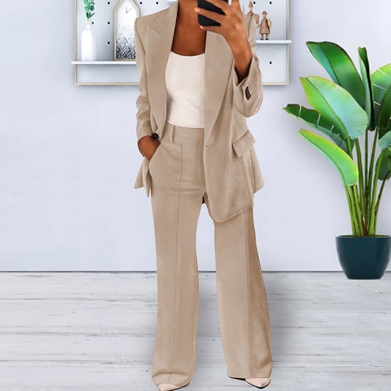Women's Clothing Stylish Solid Color Slim Blazer Jacket Pants Suit Set - Office Elegance & Casual Chic (Khaki, Grey, Blue, Beige, Pink, Black, Navy)