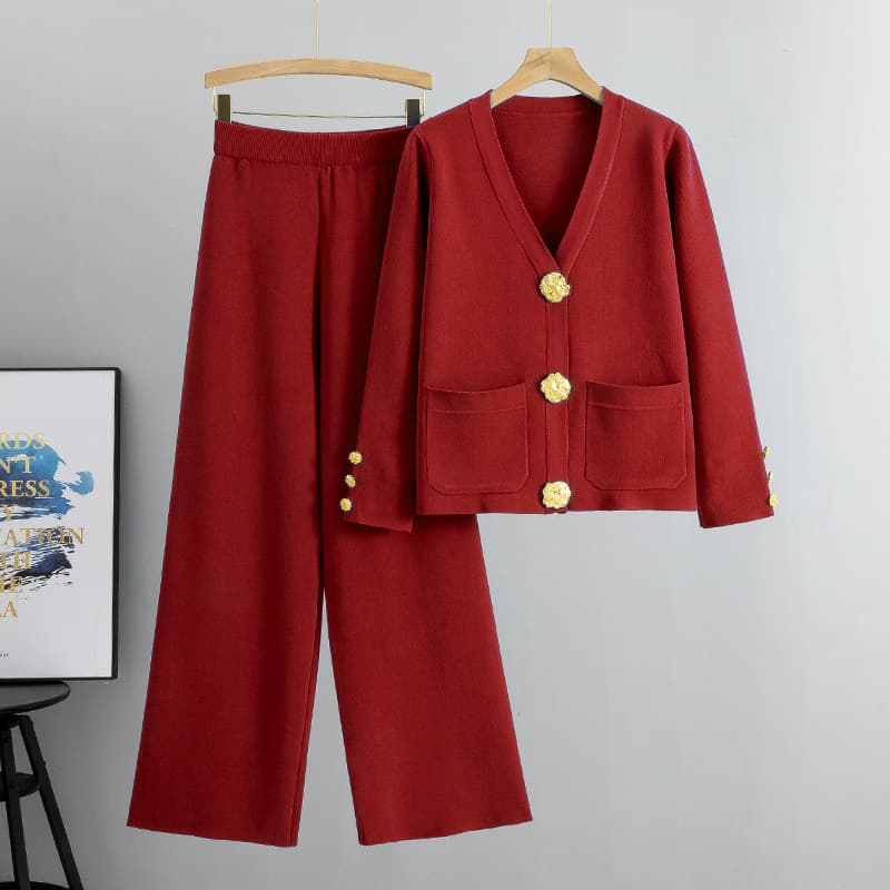 Women's Clothing Goods Casual Fashion Two Piece Suit For Women Autumn And Winter Versatile Metal Buckle Knitted Cardigan Sweater Wide Leg Pants Suit