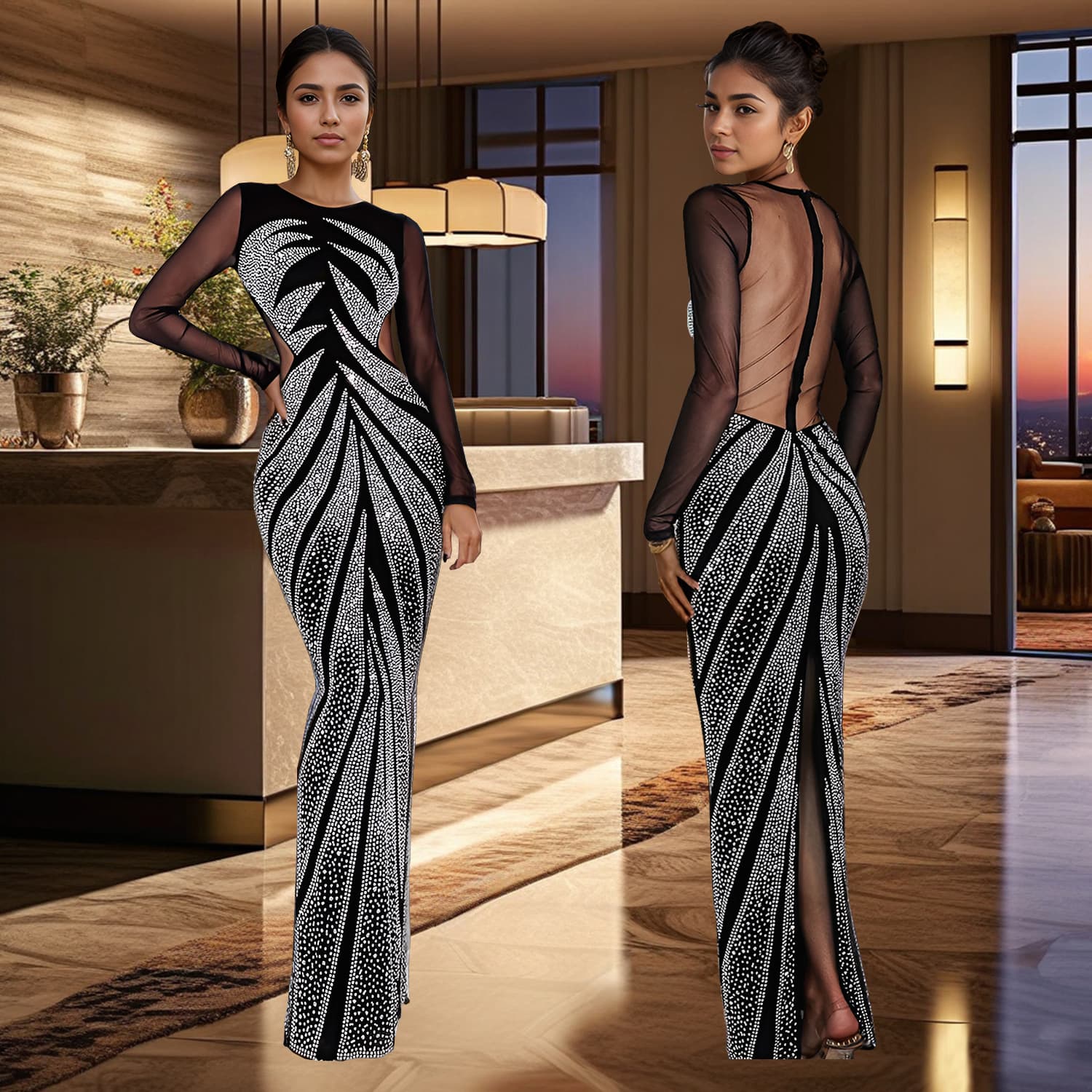 Women's Clothing Hot Diamond Long Sleeve Sexy Tight Hip Dress