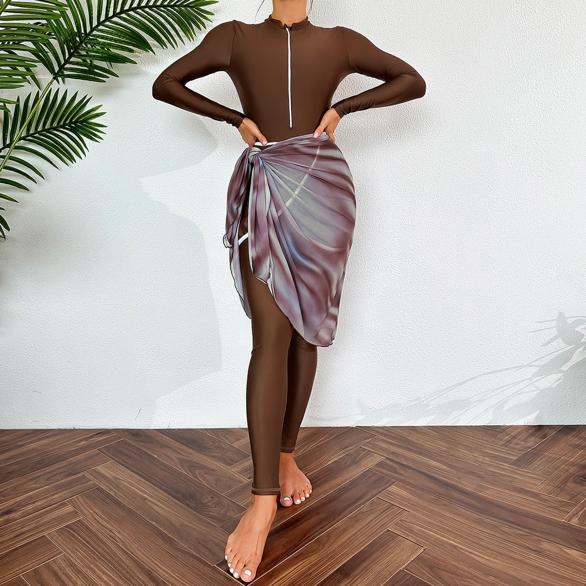 Women's Clothing Solid Color Long Sleeved Trousers Sun Protection Beach Swimwear Three Piece Swimsuit