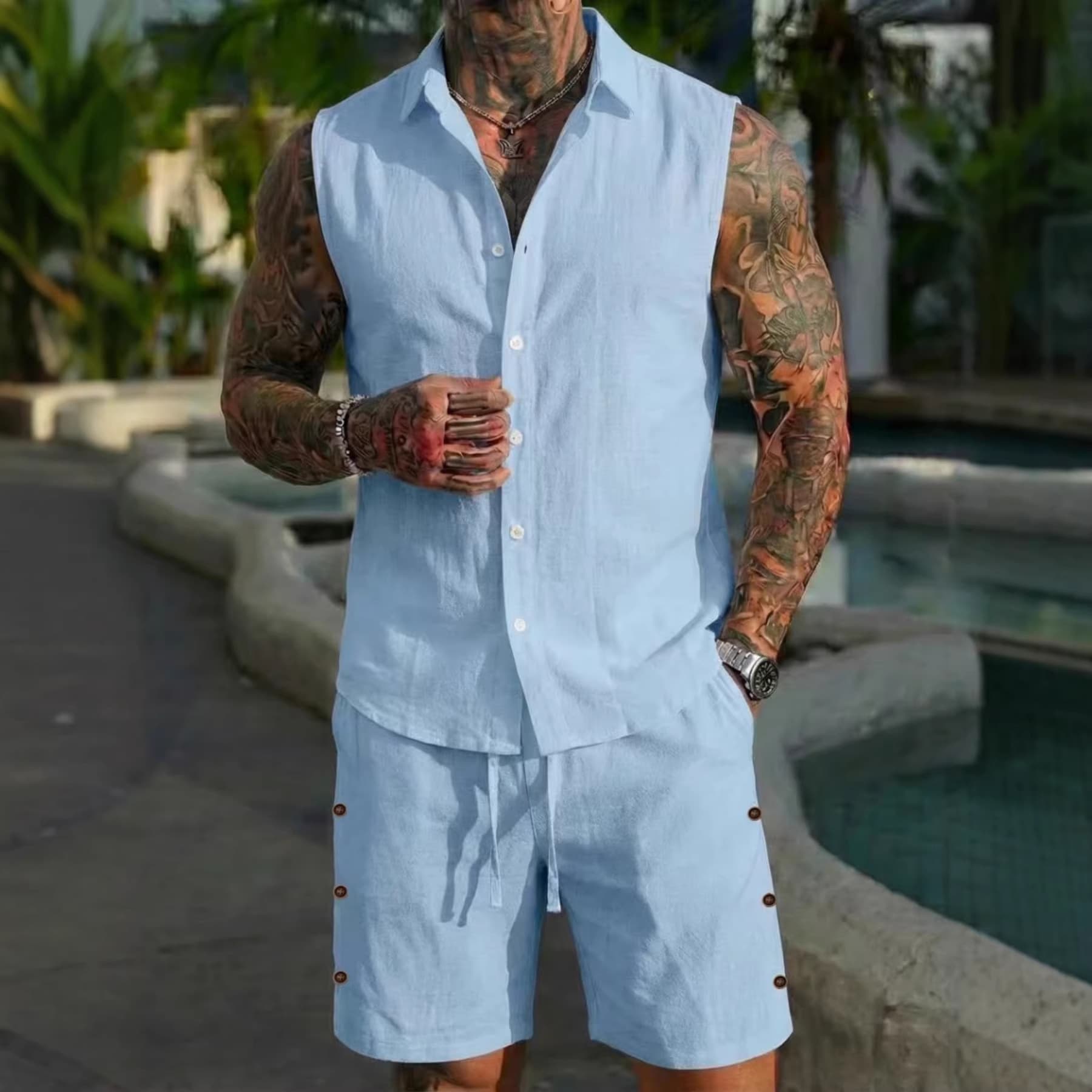 Men's Clothing Men's Summer Casual Sportswear Linen Beach Suit Solid Color Breathable European American Style