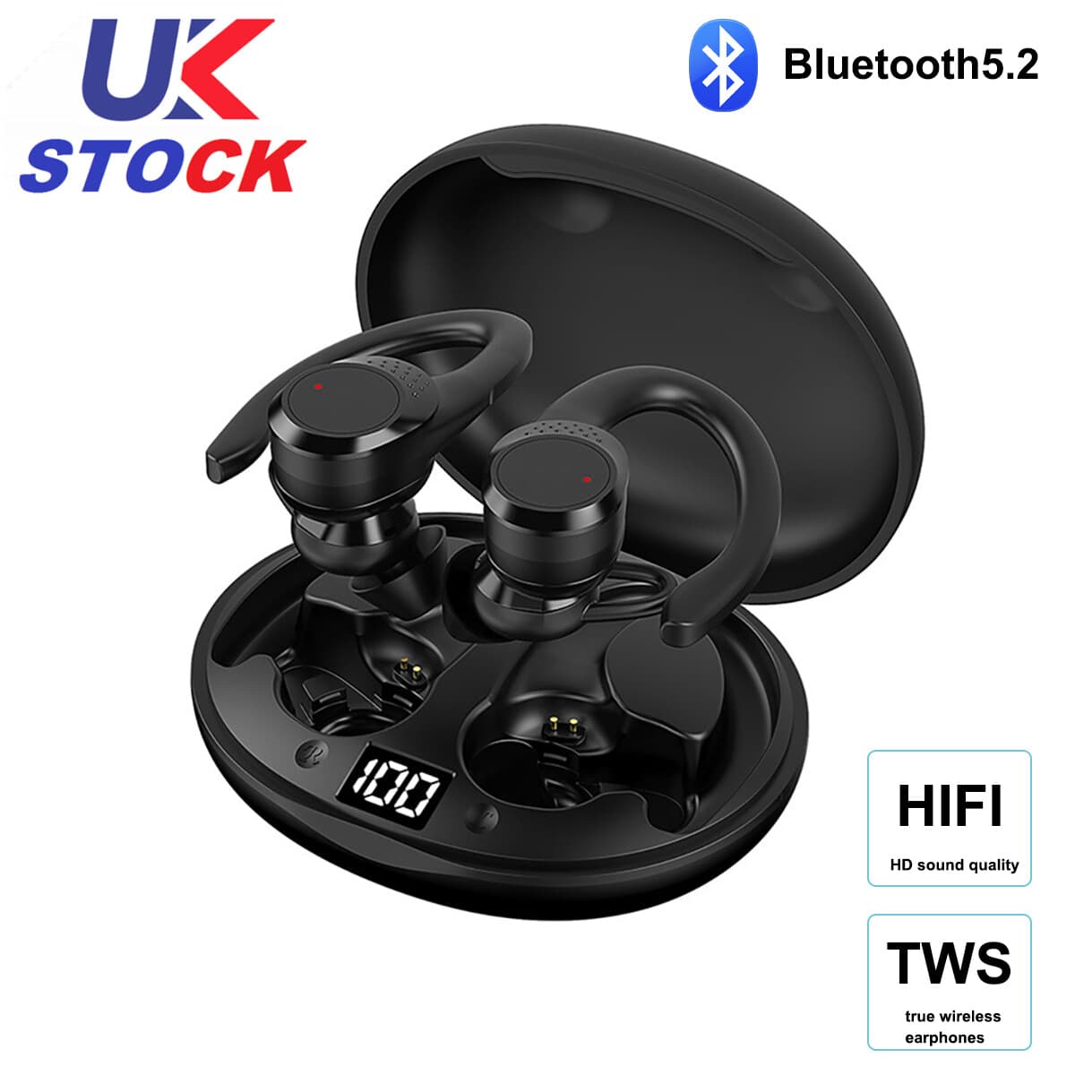 Écouteurs sans fil Bluetooth TWS avec crochet d'oreille, écouteurs de sport, de course à pied, basses