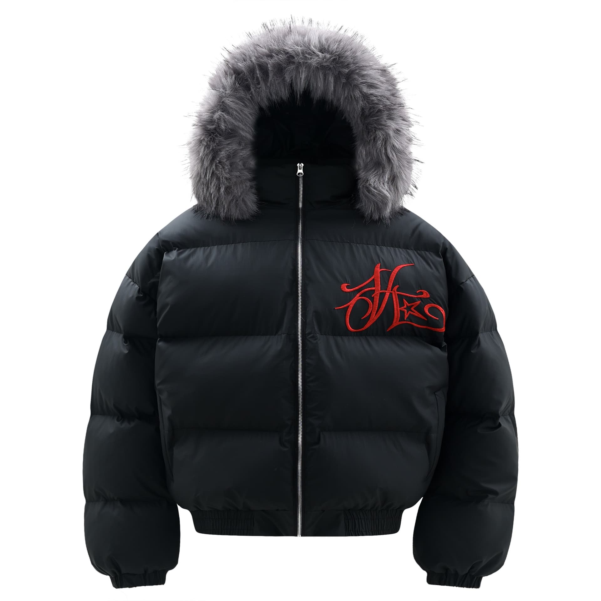 Unisex Winter Hooded Puffer Jacket With Detachable Faux Fur Collar - Loose Fit Thickened Warm Coat, Trendy Embroidery Design, Black (S/M/L/XL)