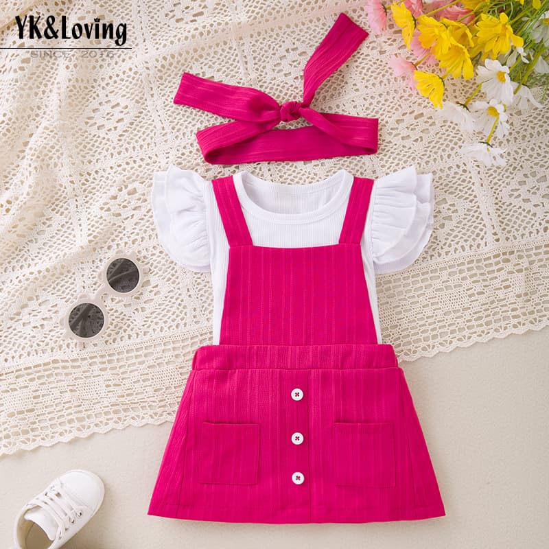 Baby Girl 3-Piece Outfit Set – Ribbed Sleeveless Top + Suspenders Dress + Hair Accessory – Soft Polyester Romper – A-Class Certified (6m-3y)