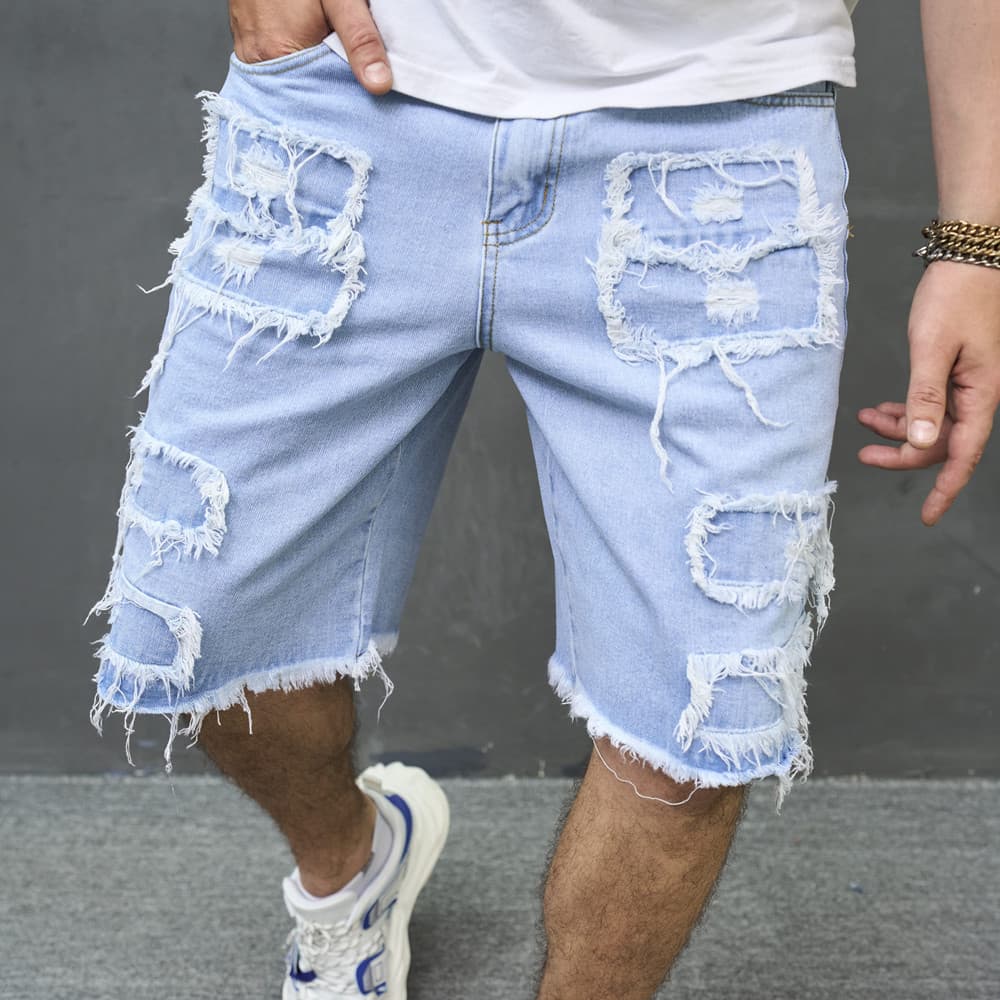 2025 New Summer Five Point Casual Ripped Hole Trend Mid Length With Rough Edges, Men's Shorts