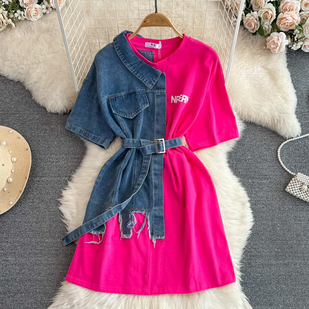 waist waisted round neck color block denim shirt chic casual mid-length