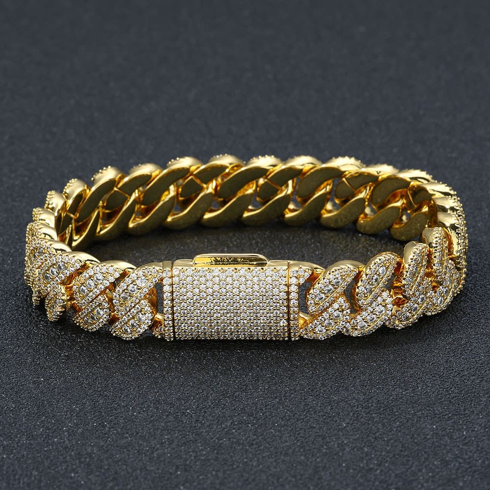 European And American Hip-Hop Hot Sale 14mm Flip Clasp Full Diamond Zircon Cuban Chain Men's Bracelet Cross-Border