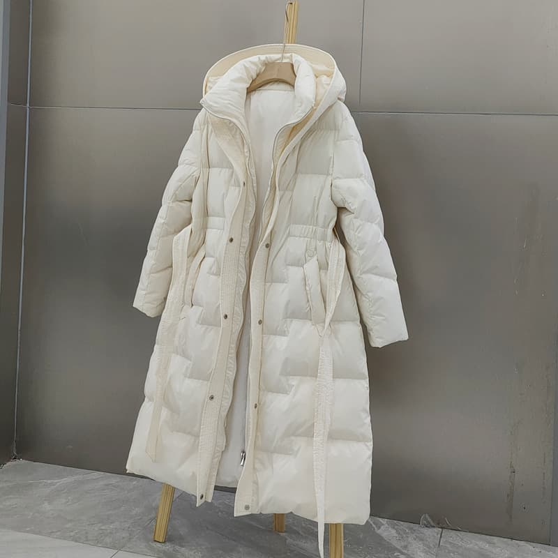 Women's Long Hooded Down Coat With Belt, Knee-Length Thickened Slim Fit Winter Jacket For Fashion & Warmth