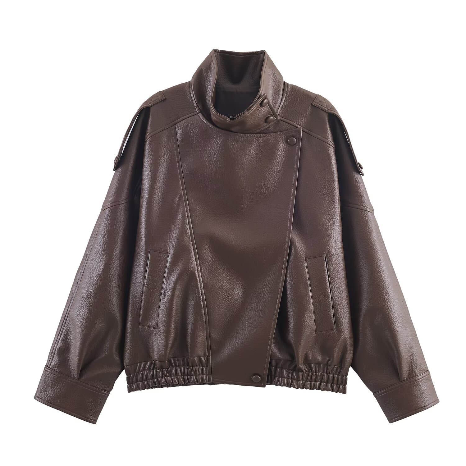 Veste en cuir à manches longues pour femme, style rétro, motif litchi, vêtement d'extérieur décontracté et confortable, tendance et polyvalent.