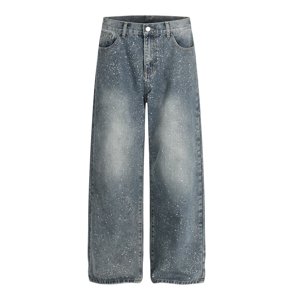 ​​Men’s Vintage Washed Denim Pants With Rhinestone Embellishments – Loose-Fit, Punk-Inspired Streetwear, Distressed & Retro (S-XXL)​​