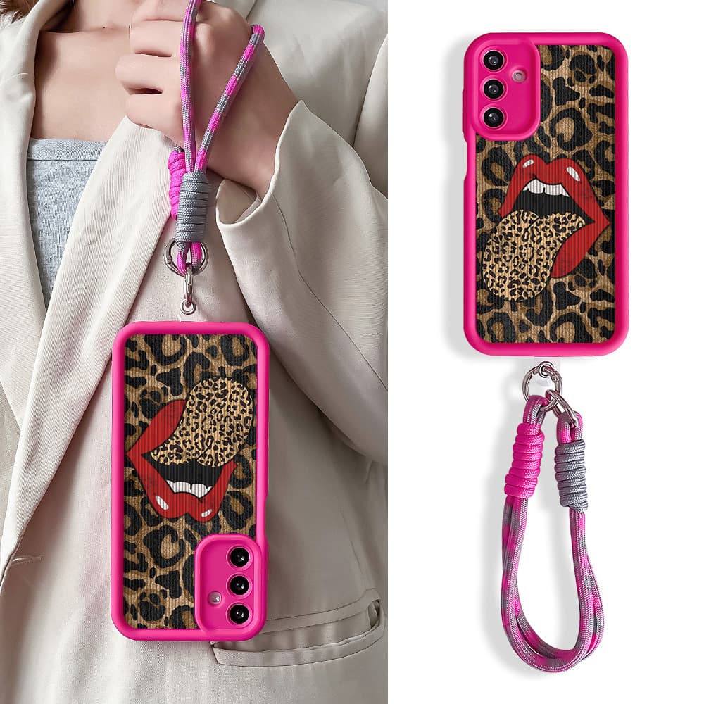 Leopard Red Lips Case For Samsung S25 Plus Ultra S24 FE A16 06 26 36 56 Wrist Chain Hang Strap Lanyard Soft TPU Phone Cover