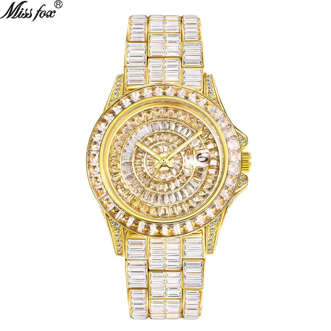 MISSFOX European And American Fashion Trend Square Diamond Full Diamond Watch High-end Zircon Waterproof Quartz Men's Watch