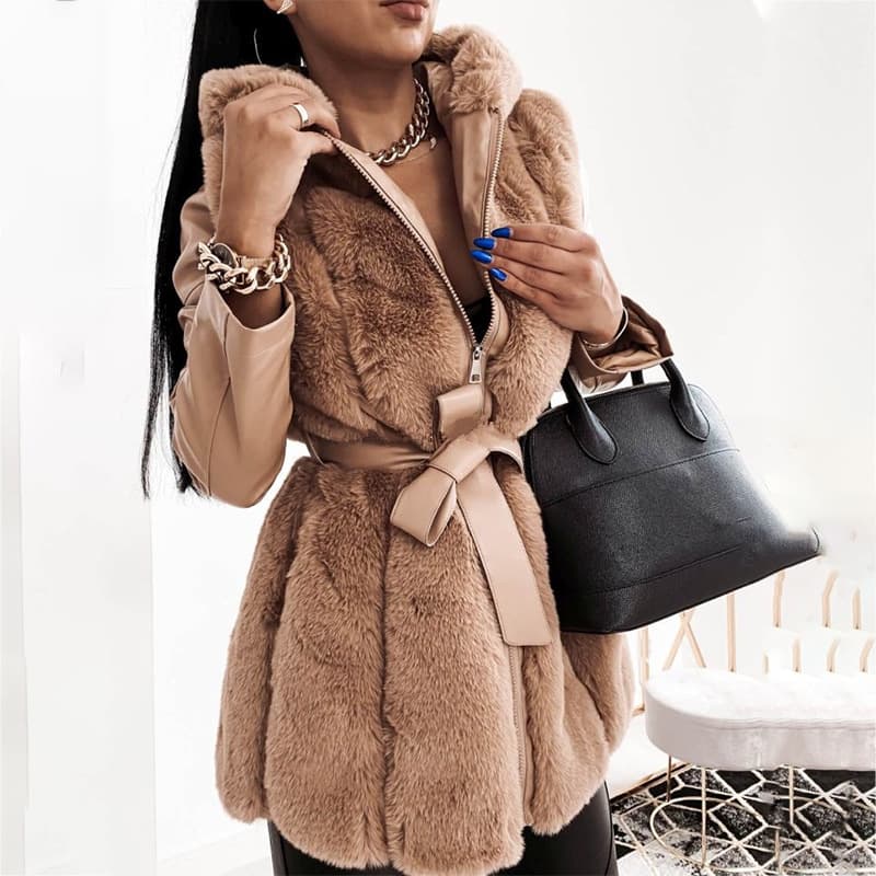 Women's Fur Coat With Belt Hooded Solid Colour Zip Jacket Coat