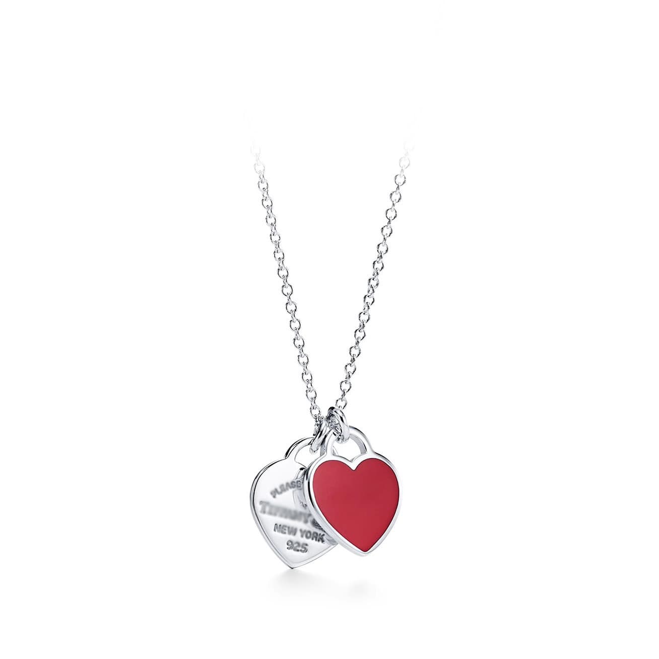Pendentif double cœur classique de la marque T pour femme, collier en émail rouge, vert et rose, léger et simple.