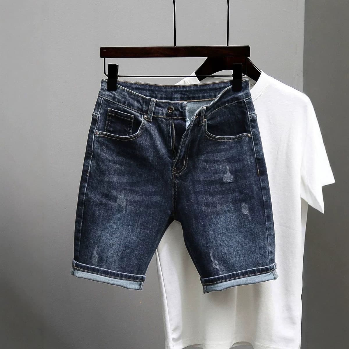​​Men's Slim Fit Denim Shorts - Stretch Comfortable Mid-Length Casual Summer Shorts In Dark Blue​​ Premium Washed Denim