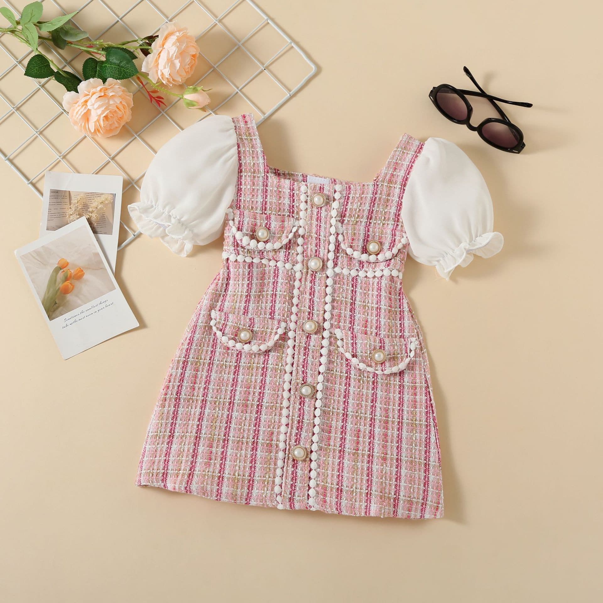 Mother&Kids Children's dress children's wool plaid pearl button small wool ball small fragrance puffle-sleeve children's princess dress
