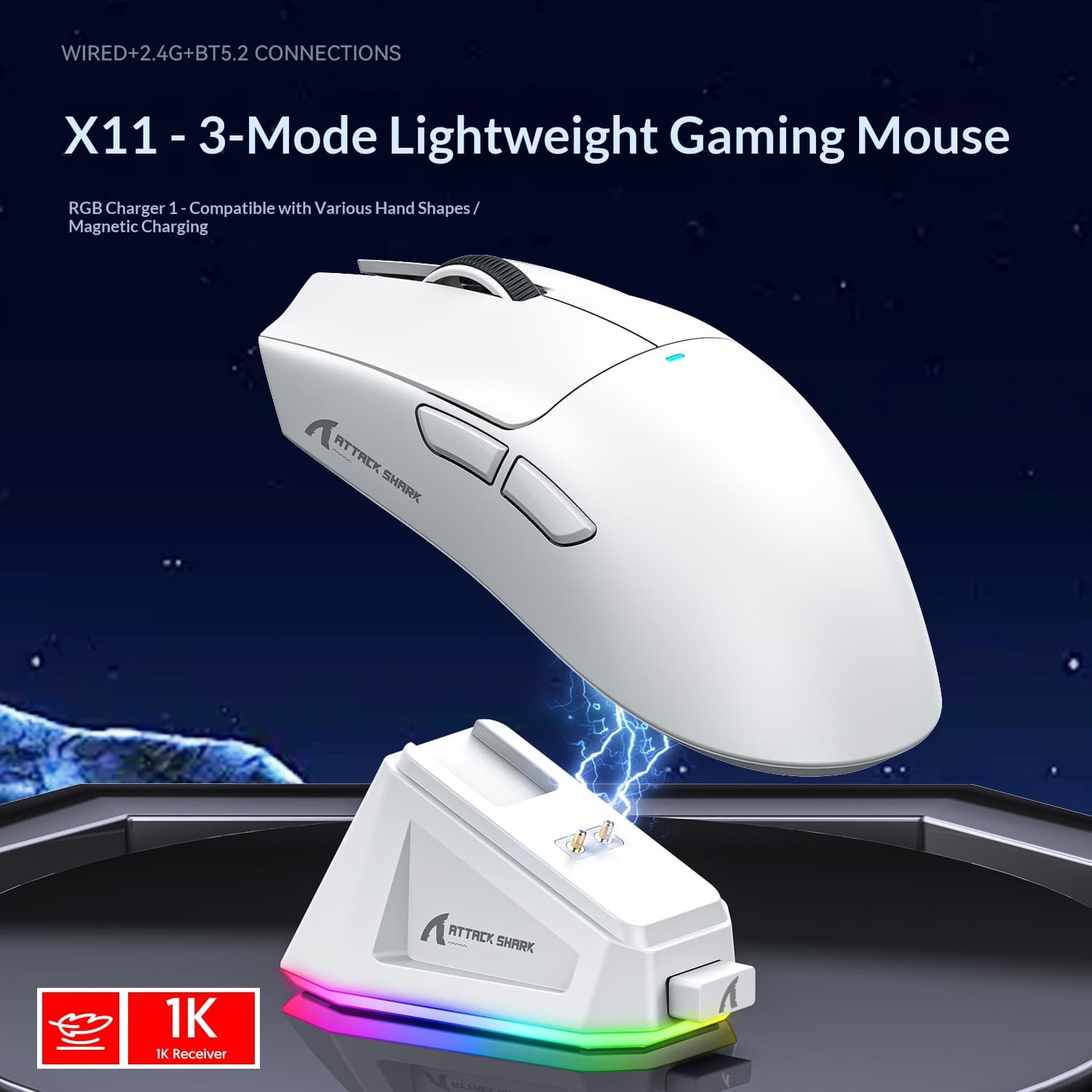 Attack Shark X11 Lightweight PAW3311 Gaming Three-Mode Wireless Bluetooth Mouse Rechargeable RGB Base