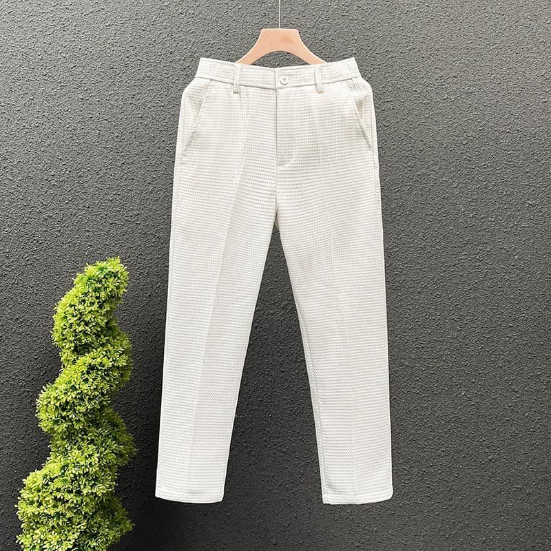 Men's Clothing [WaffleWeave] Men's Business Trousers - Slim Fit 9-Point Pants | Premium Waffle Texture
