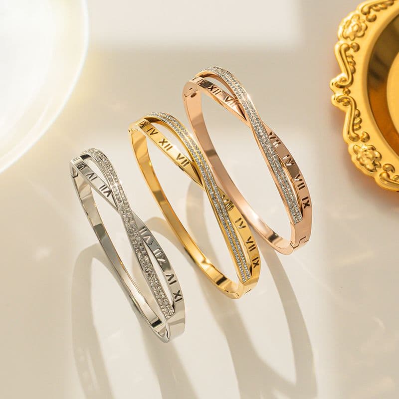 Unisex Jewelry Fashion Temperament Full Dia Zircon Roman Numerals Cross Titanium Steel Bracelet