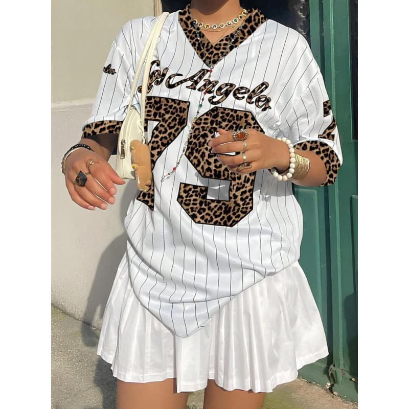 Women's Clothing Sports Style Hot Girl Retro Jersey Loose Street V Neck Striped Short Sleeved T Shirt Top
