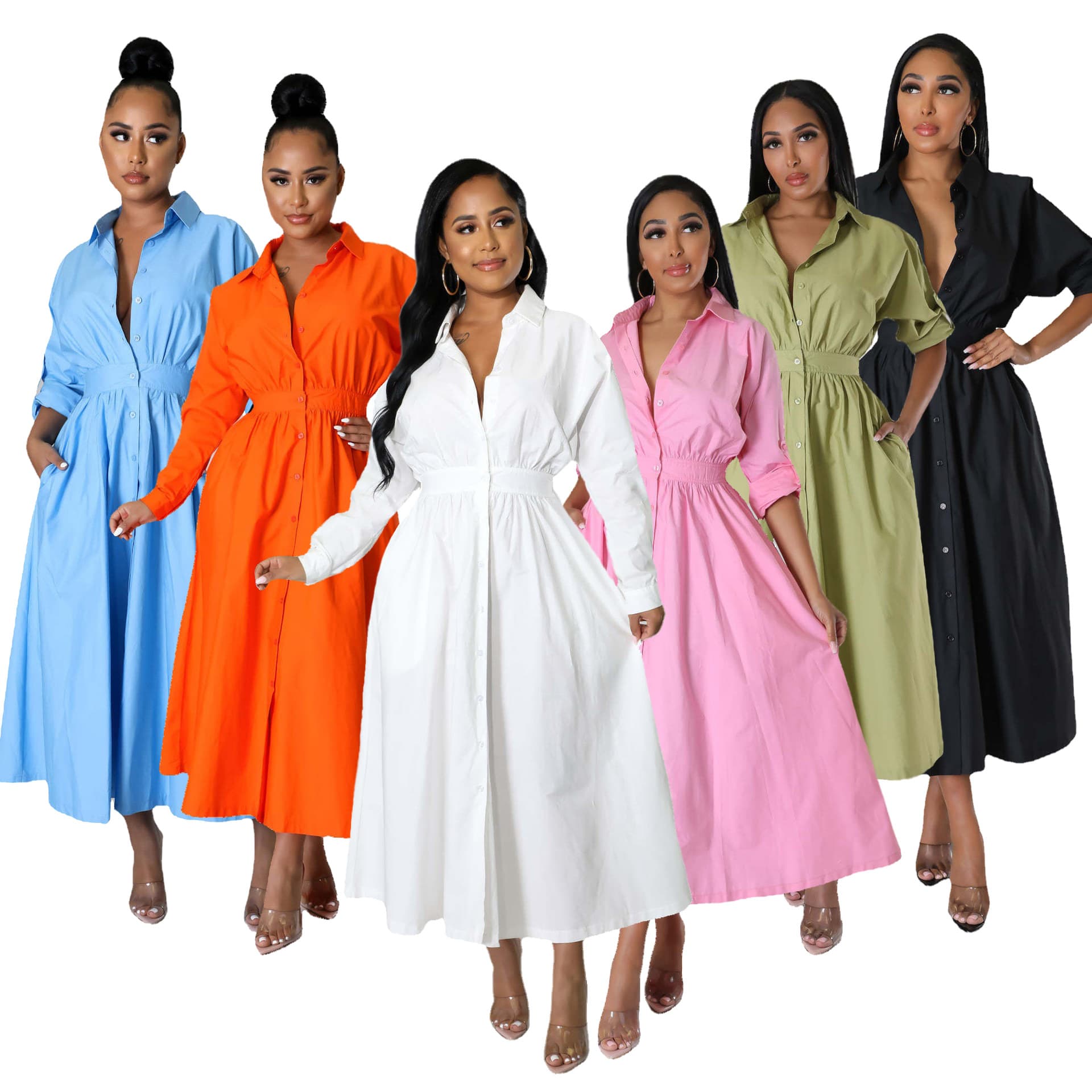 Women's Clothing Dress Fashion Slightly Elastic Shirt Dress Waist Loose Long Sleeve Long Skirt