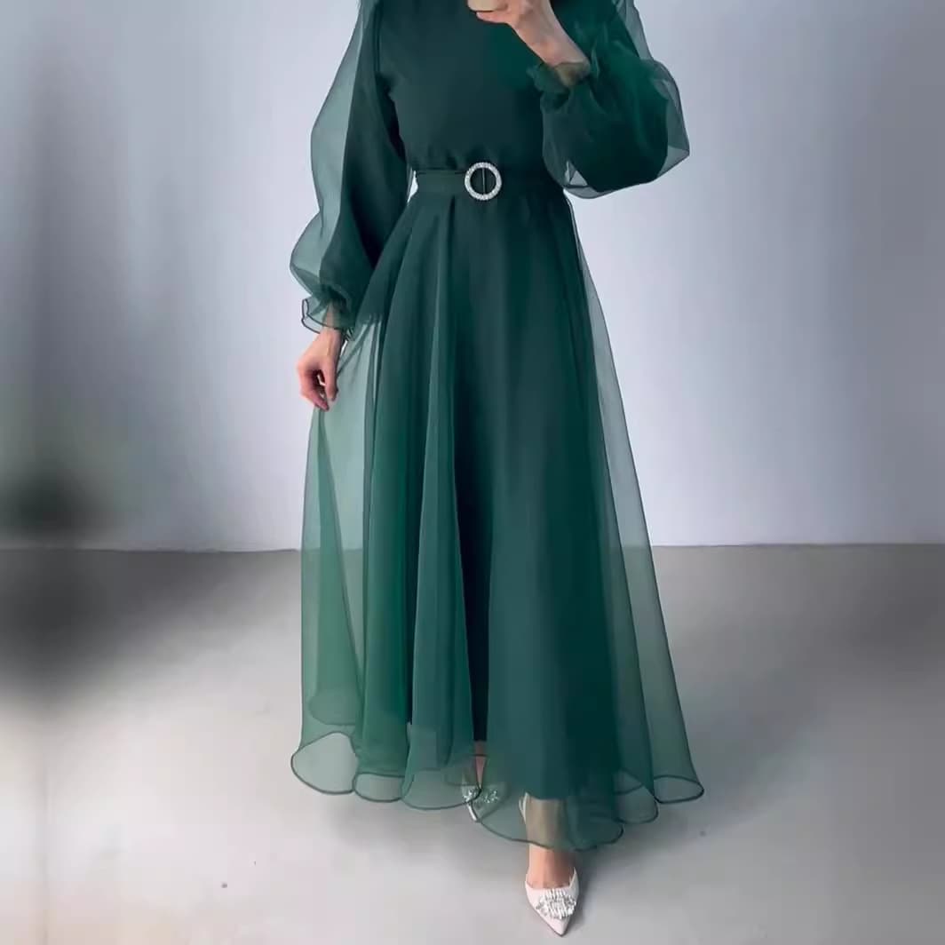 Women's Clothing Spring New Half High Neck Mesh Elegant Slim Lantern Sleeve Dress Women