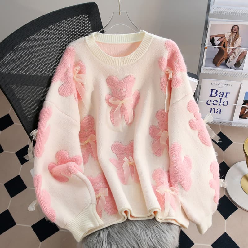 Women's Clothing lazy style sweater women's autumn and winter new bear bow pullover sweater loose sweet style top