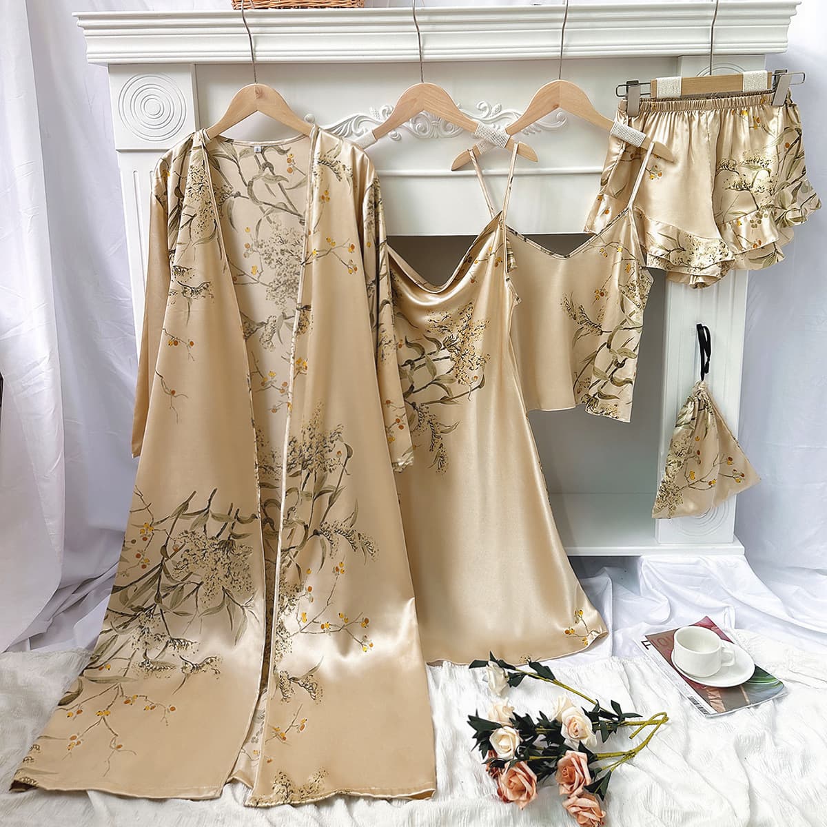 Women's Sleepwears Simple five piece home wear set, printed cherry pajamas for women, thin nightgown, suspenders, shorts, suspender skirt set