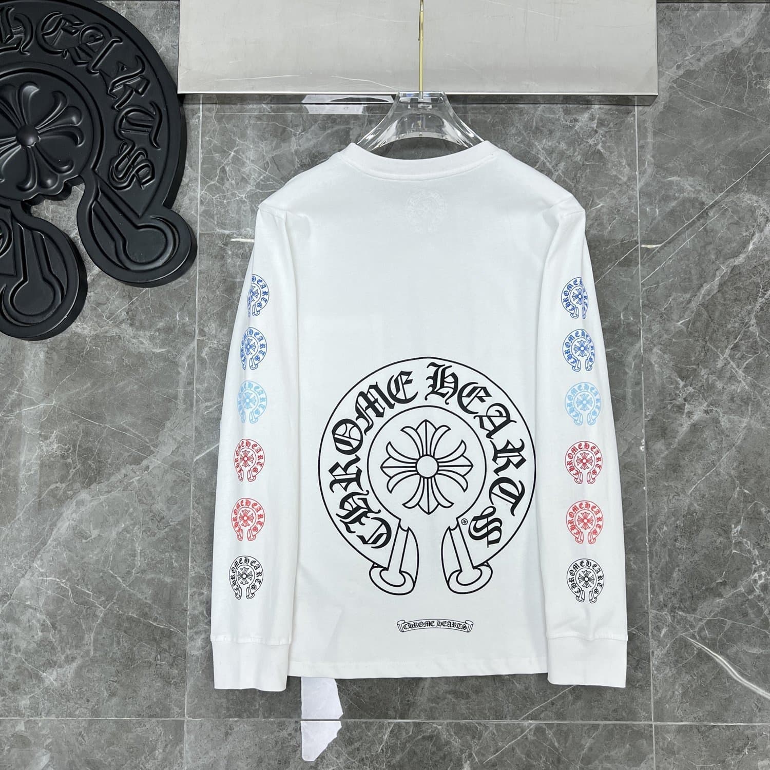 T-shirt à manches longues Chrome Hearts style fer à cheval – Coton premium, imprimé croix gothique, t-shirt streetwear graphique unisexe multico