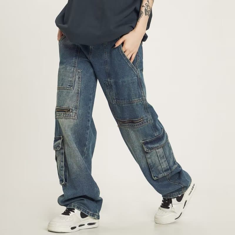 Men's Multi-pocket Cargo Jeans Loose Niche Straight Leg Wide Leg Retro Washed Jeans