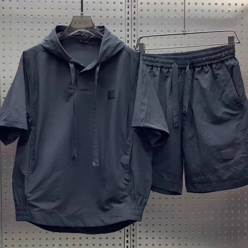 Men's Summer Lightweight Hooded Workwear Two-Piece Suit Casual Drawstring Design Short Sleeved Shirt And Shorts
