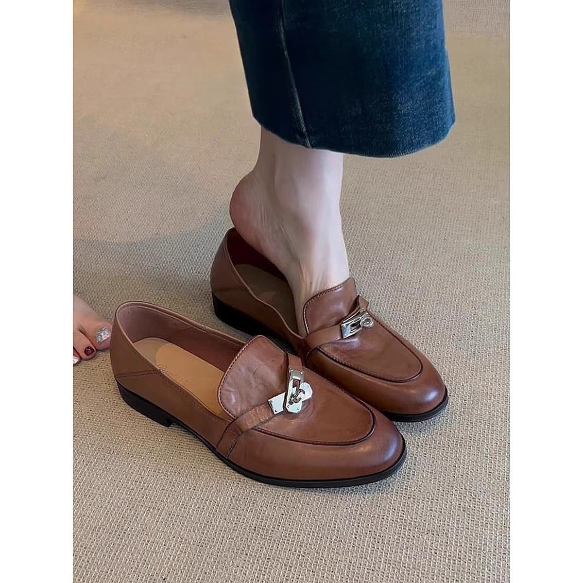 Lan Cabinet Edition ~ Vintage Lock Design Versatile Slip-On Lazy Loafers Horsebit Flat Leather Single Shoes