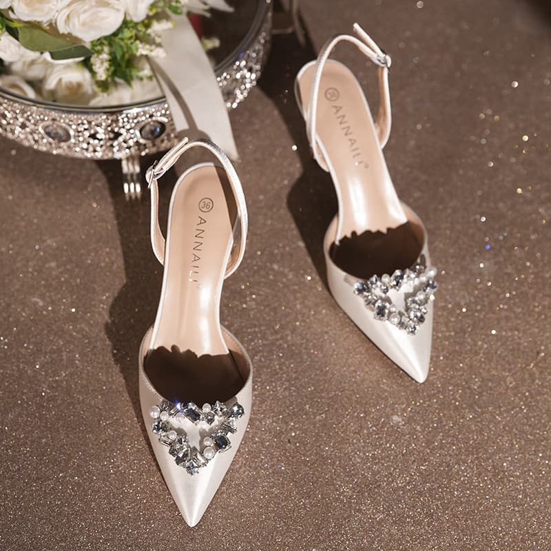 Spring Summer Crystal Buckle Backless Women's Satin High Heel Sandals Plus Size Closed Toe Bridesmaid Shoes White