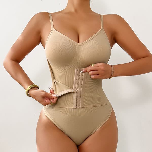"Double-Layer Waist Trainer Bodysuit – Adjustable Hook & Eye, Open Gusset (Black/Brown/Nude)"