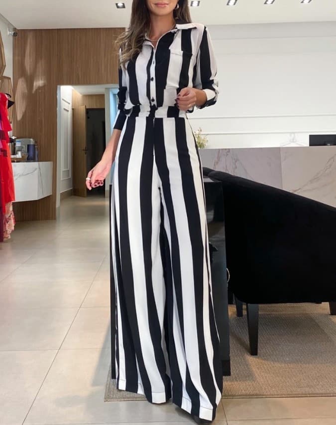 Women's Clothing autumn casual fashion black and white striped button pocket design shirt wide leg pants two piece set