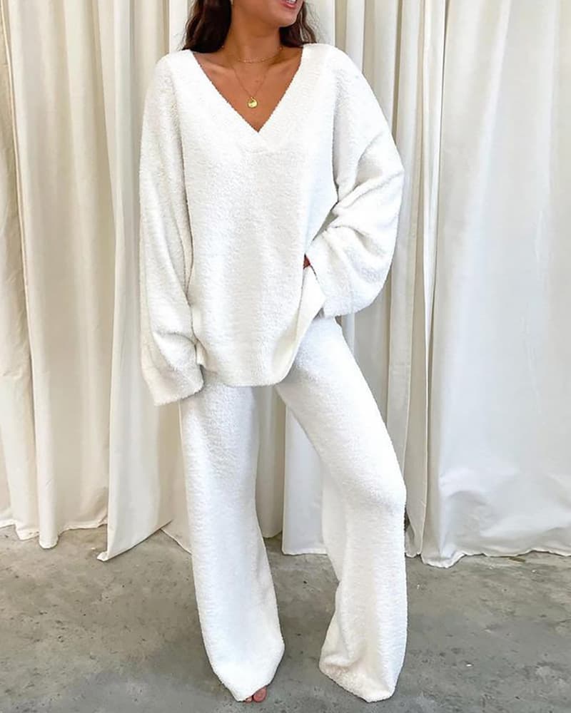 Fluffy V-neck Solid Color Casual Two-piece Suit