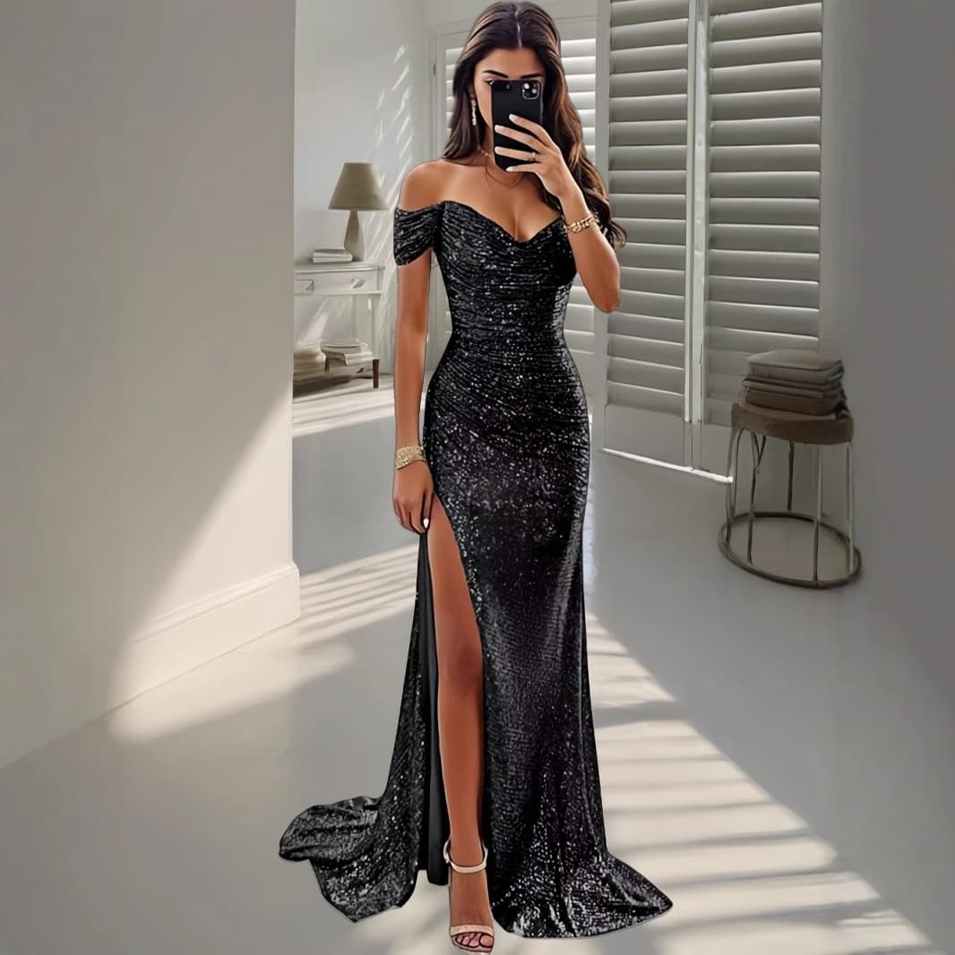 Women's Clothing Sequined One Shoulder Top Evening Dress Large Swing Slit Sexy Fashion Dress
