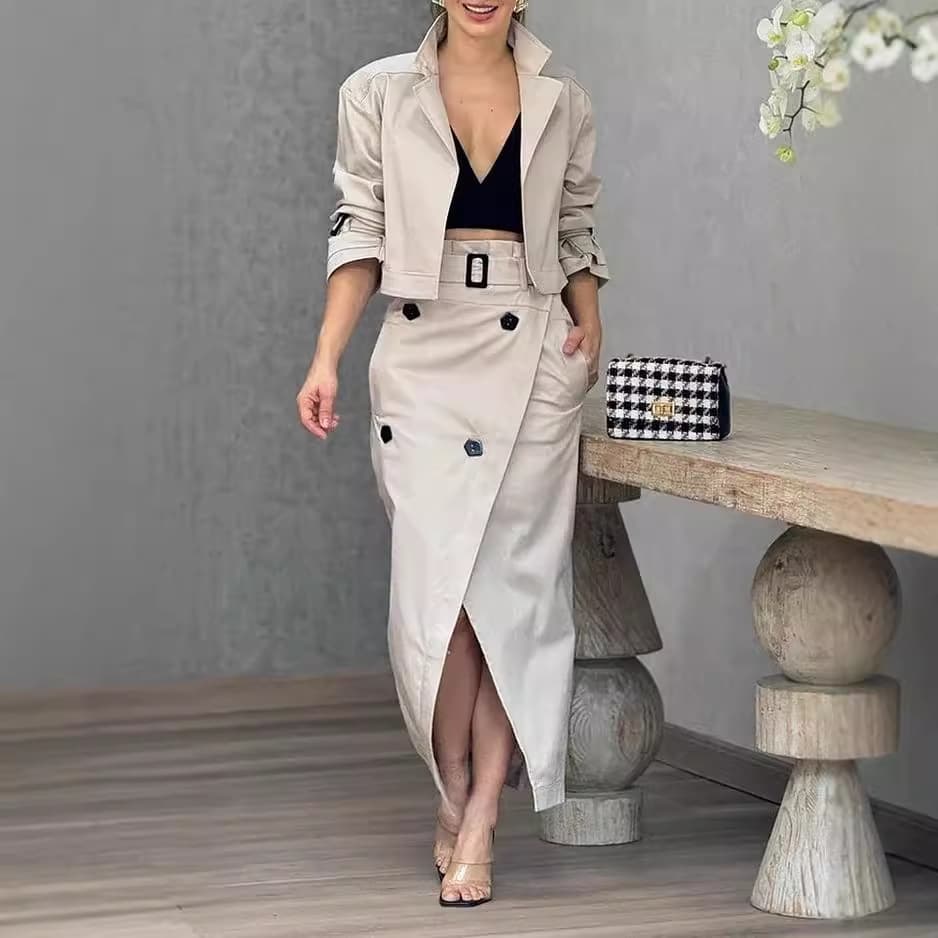 Women’s Clothing Women's Suit Lapel Patchwork No Long Sleeve Top Skirt Two piece Set with Belt