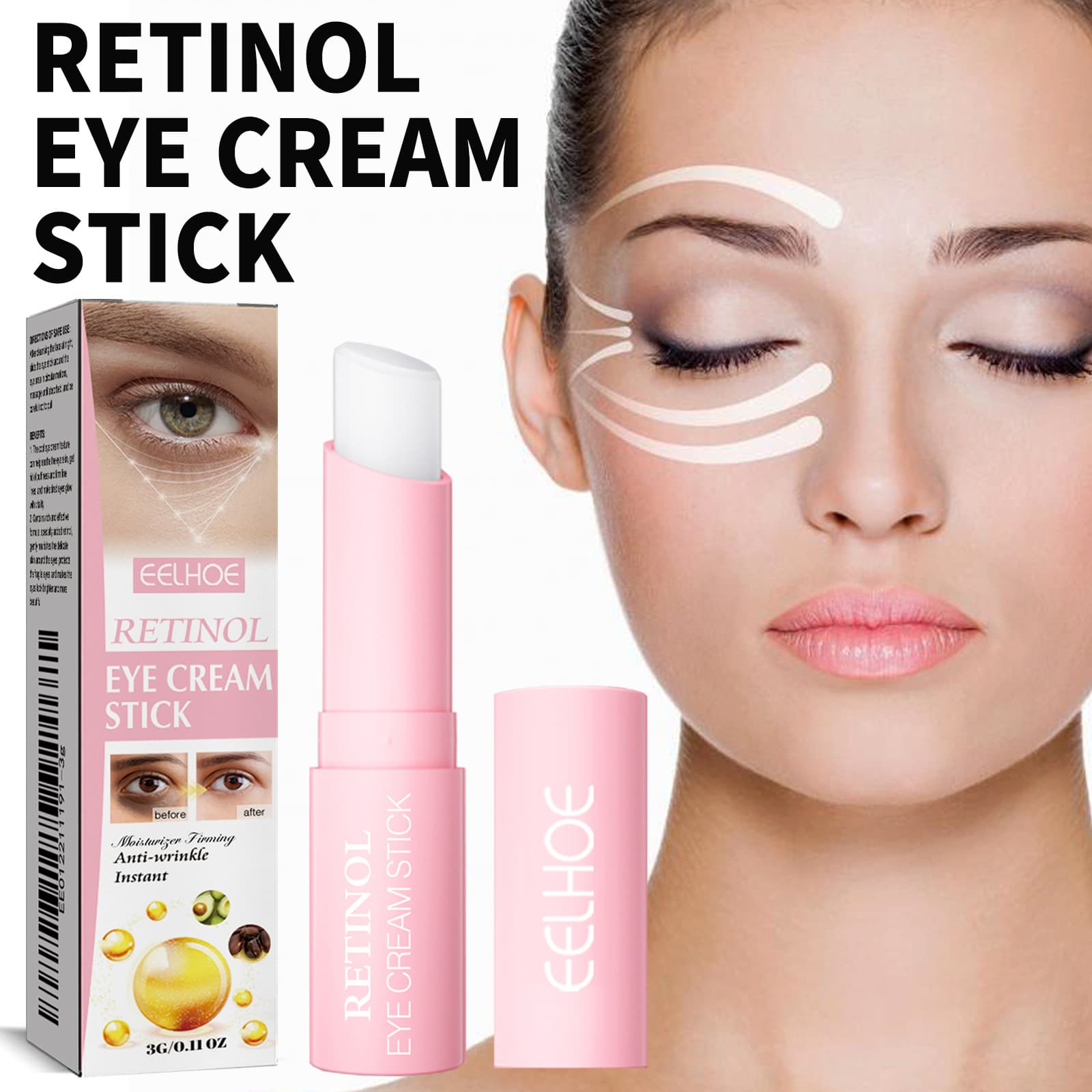 EELHOE retinol eye cream stick with fine crow's tail lines, black circles under eyes, moisturizing and firming skin
